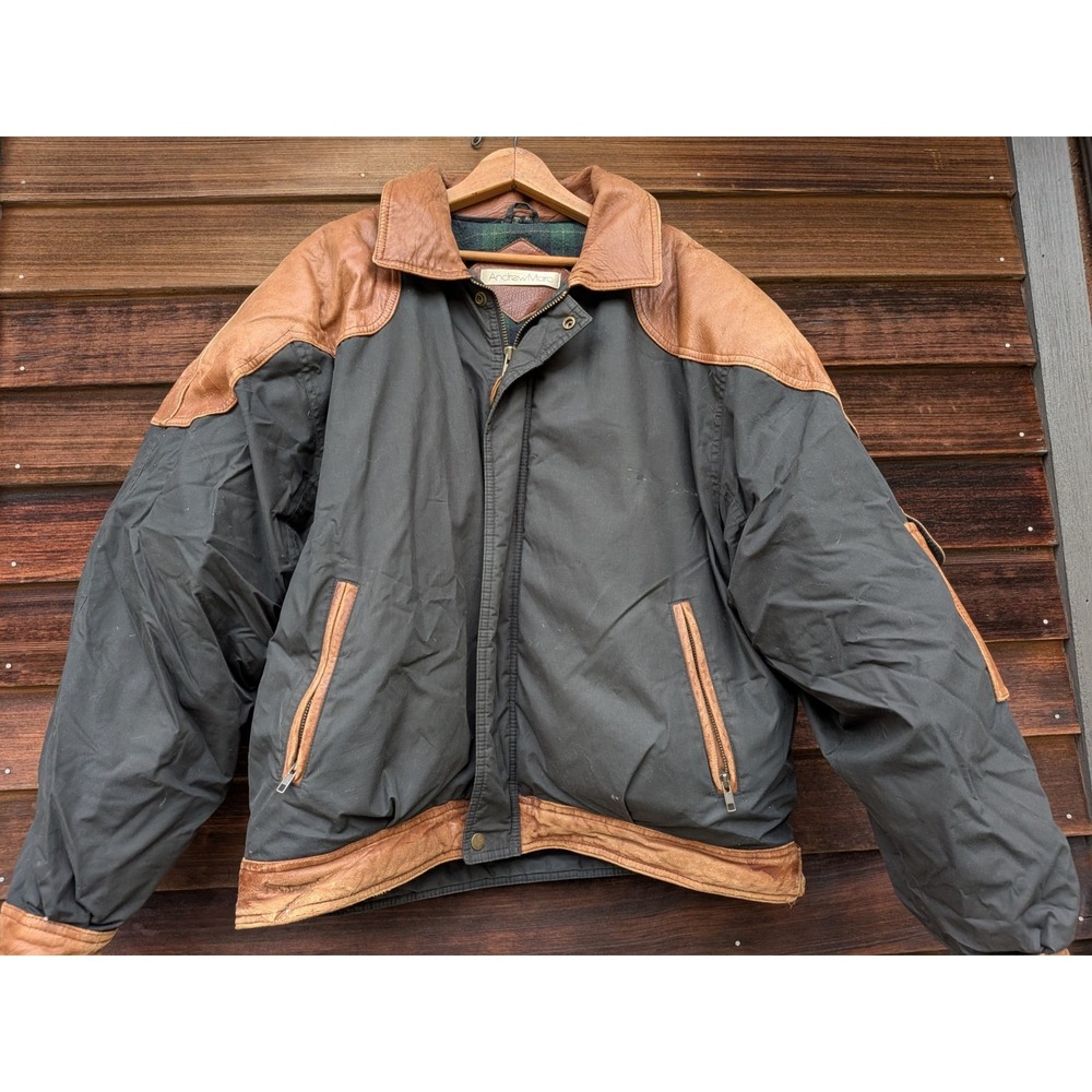 Rare Vintage 80's ~ANDREW MARC~ Black & Tan Leather Bomber Jacket Size XL
